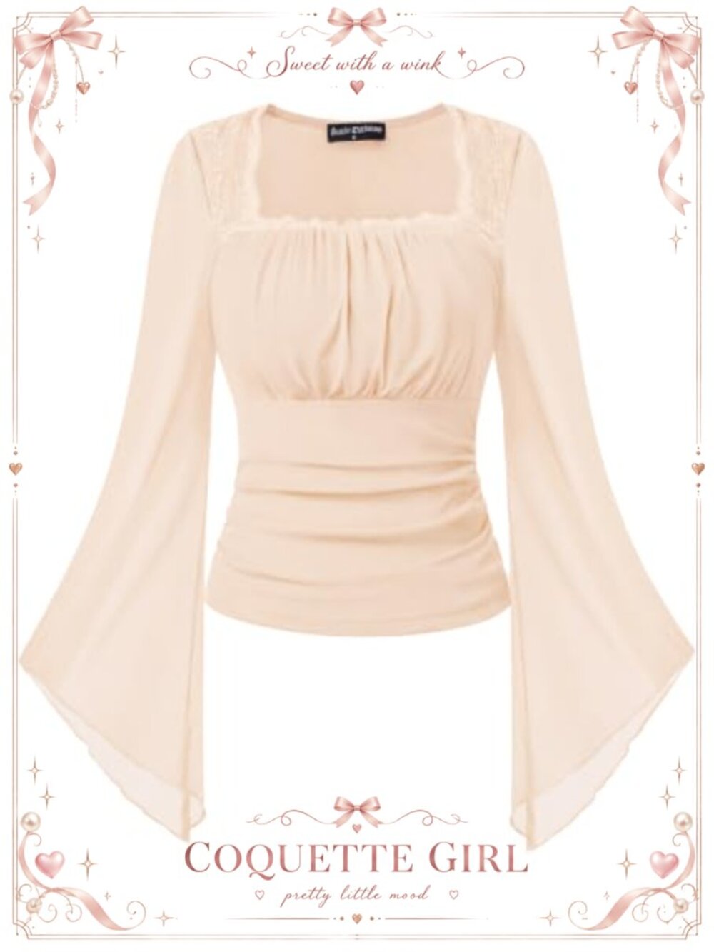 Mesh Blouse Square Neck Bell Sleeve Renaissance Top